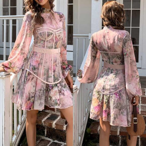 Missord Avante Garde Maximalist‎ Sheer Floral High Neck Bishop Sleeve Mini Dress - Picture 1 of 7